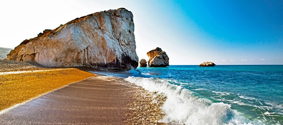 Sea stack and coastline at Petra tou Romiou